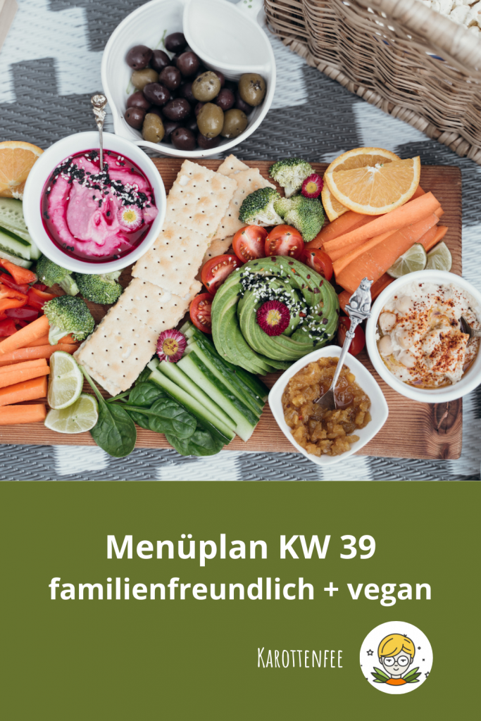 Pinterest-Pin: Menüplan KW 39 - familienfreundlich und vegan. 